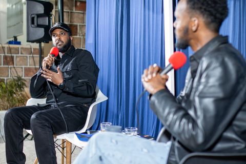 Guest and host with microphones