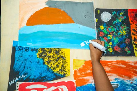 Close-up of the painted wall from the art therapy workshop
