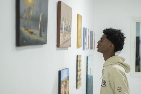 Visitor looking at paintings in the gallery